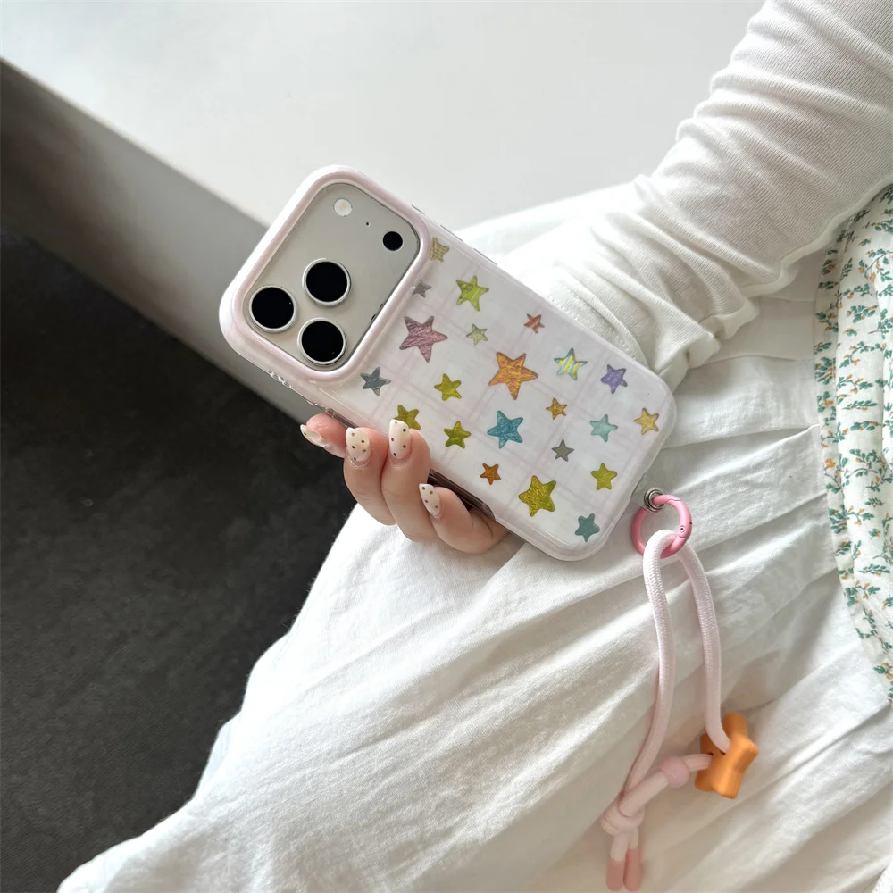 Cute Colorful Star Plaid Pattern Phone Case For iPhone 15 16 17 Pro Max Soft Cover With Star Pendant Shockproof Protective Shell