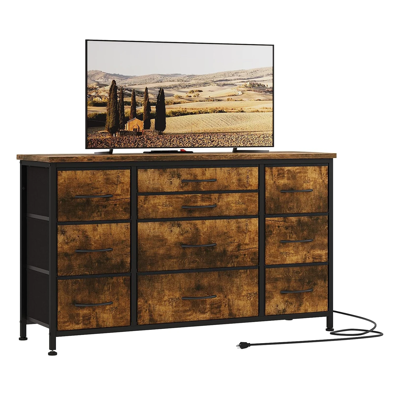 TV-Ständer Kommode für Schlafzimmer mit Ladestation 10 Stoffschubladen Rustikaler TV-Ständer Medienkonsole für Fernseher bis zu 55 Zoll – Detail 1