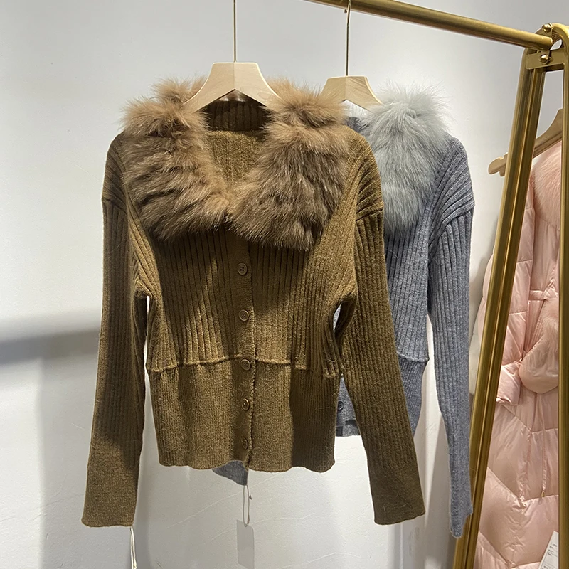 2025 رائجة البيع تصميم جديد جميل القهوة النساء الشتاء فرو الثعلب الحقيقي سميكة الحياكة الفتاة الفاخرة ضئيلة سترة سترة معطف