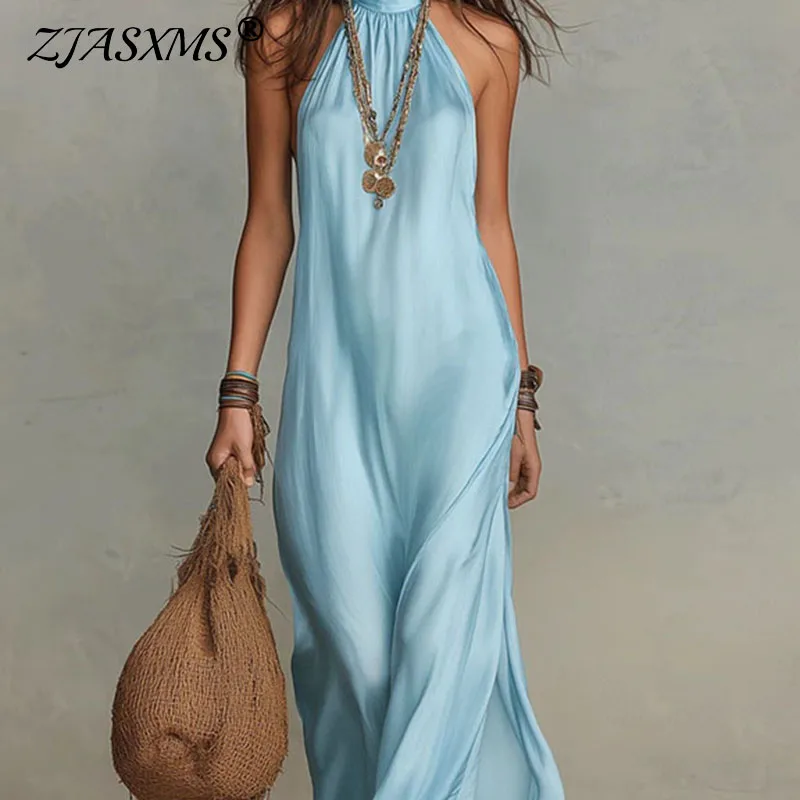 Vestidos 2026 Frühling Boho Einfarbiges Neckholder-Maxikleid Damen Ärmelloses Lockeres Fließendes Langes Kleid Sommer Strand Urlaub Sommerkleid Mujer