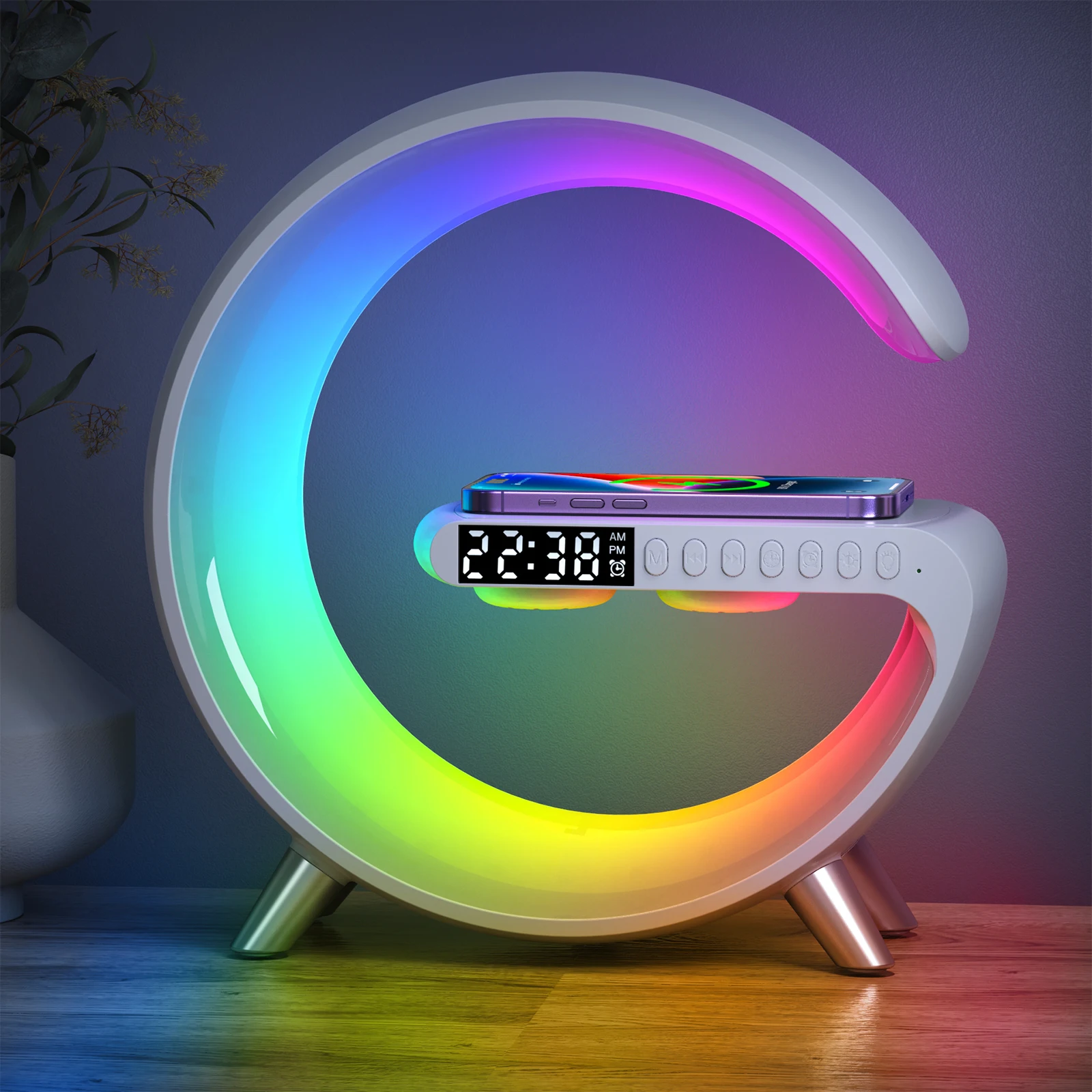 

Wholesale 4 in 1Digital Clock App Control RGB LED Blue Tooth Speaker G-shape Bedside Table Lamp With Wireless Charger