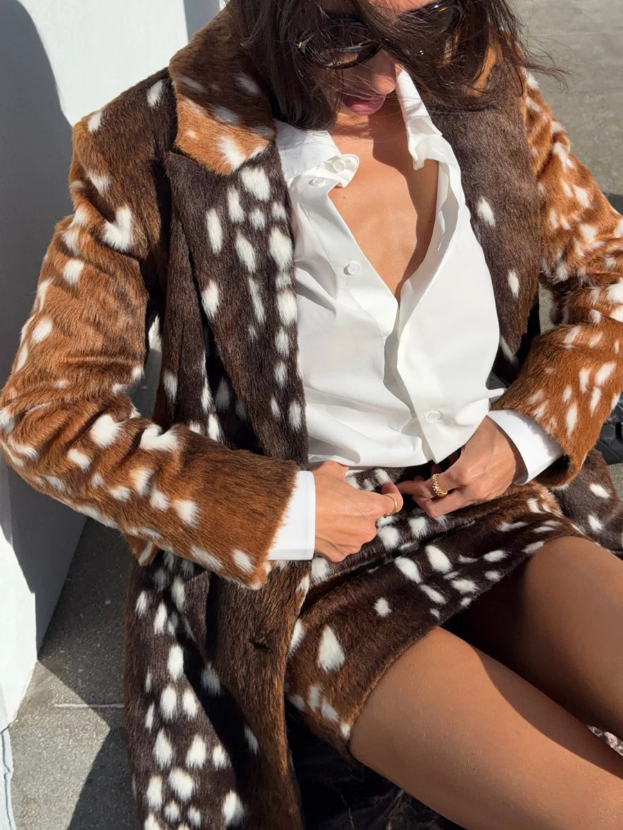 Women Deer Spot Faux Fur Long Coat Mini Skirt 2 Piece Set Winter Warm Outfit