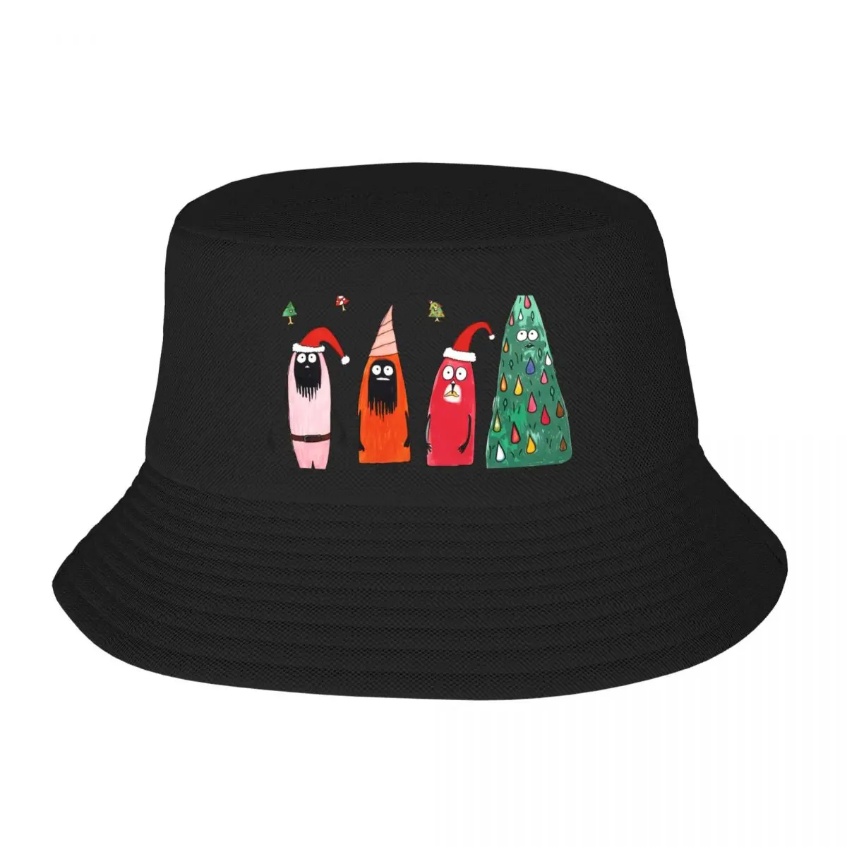 Characters in a drawing dressed as christmas trees with santa hats Bucket Hat Streetwear Golf Cap Caps For Women Men's