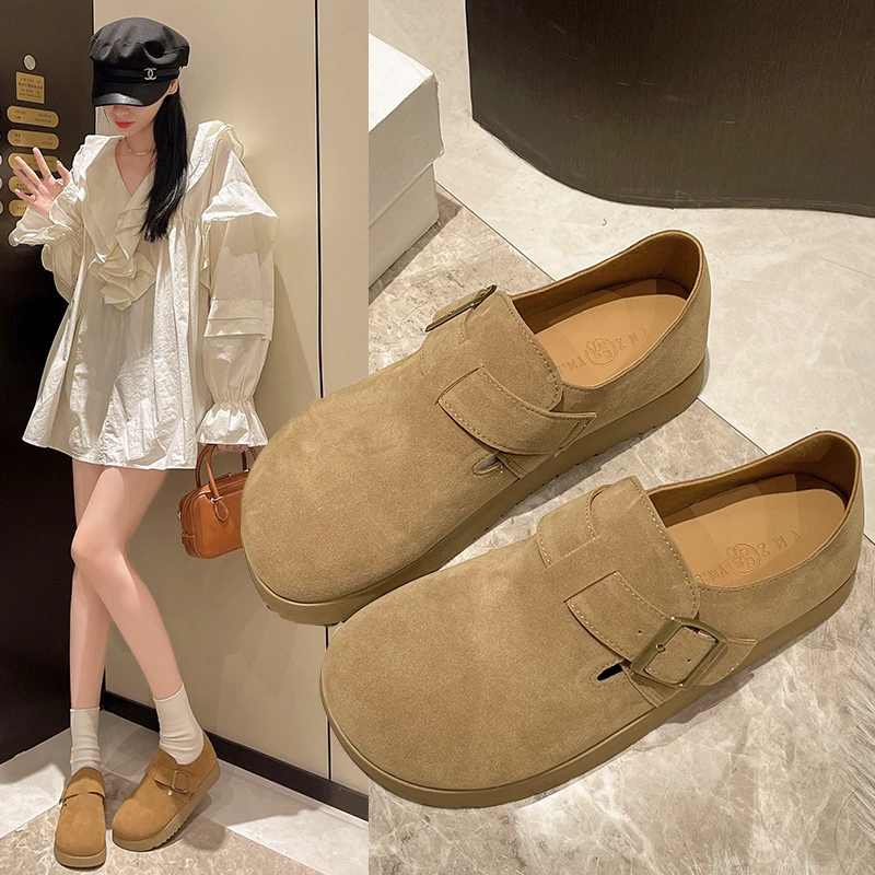 Leather Birkenstocks Women\'s New All-in-one Flat Slip-on Beanie Shoes Women Wear Vintage Single Shoes