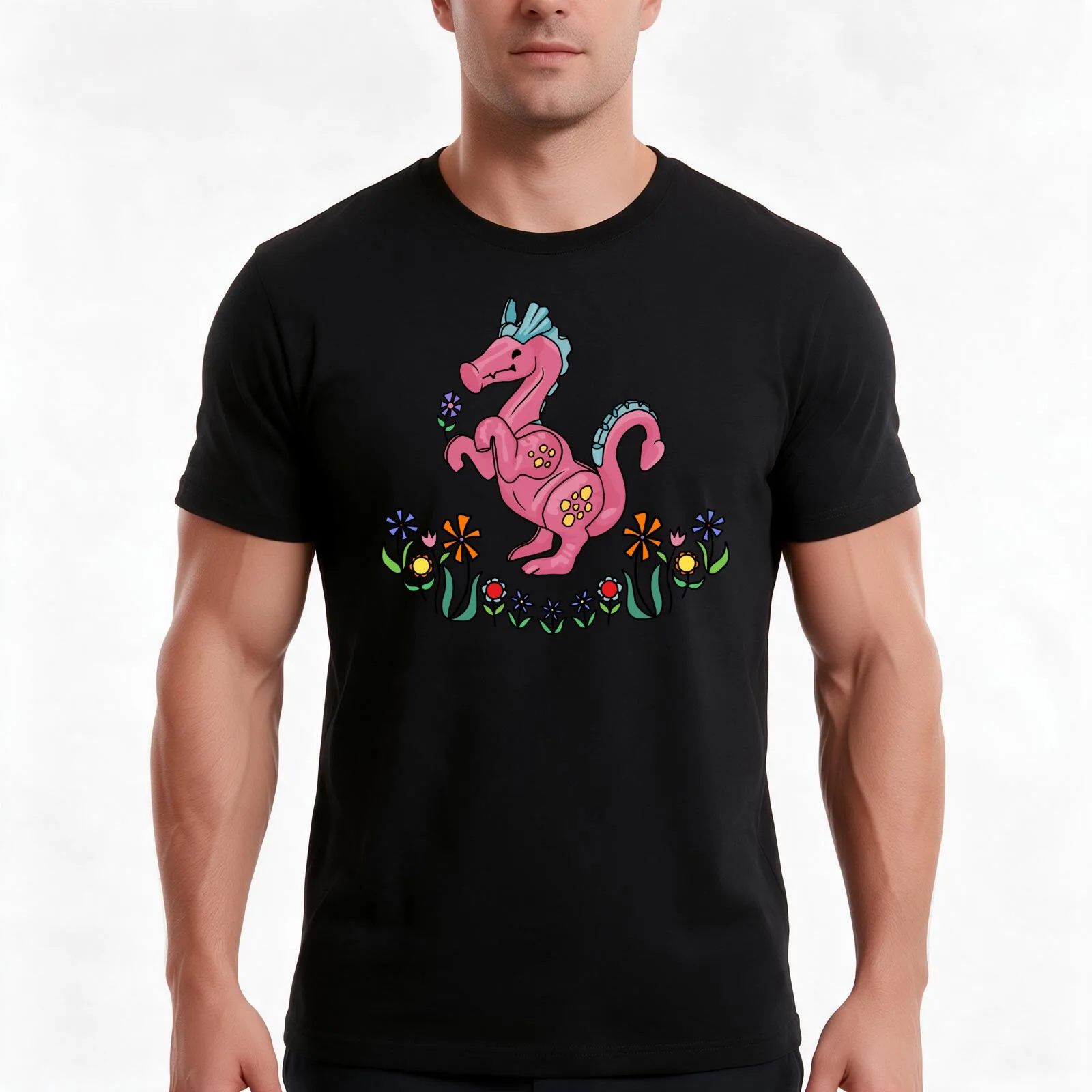 Happy Little Pink Dragon Smelling Flowers T-Shirt, Summer Casual Cotton Tee, Oversized Streetwear Tops, Vintage Graphic Print