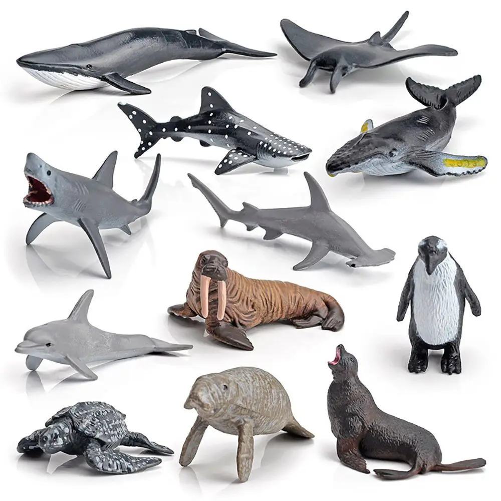 12PCS/Set PVC   Cognition Penguin Turtle Ocean Fish Figurines Marine Animal Model Whale Shark
