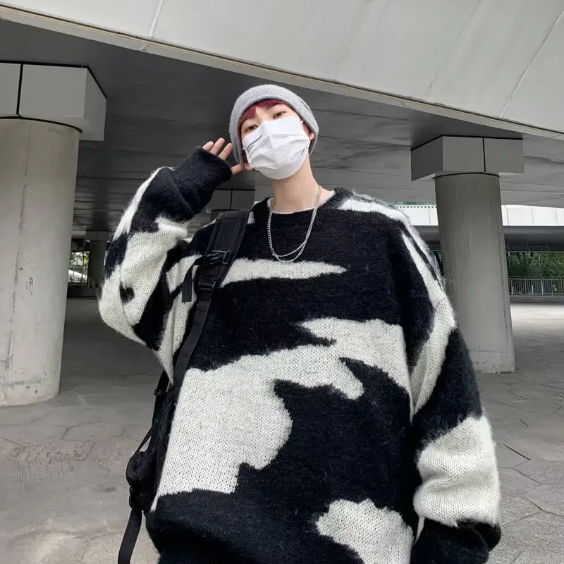 

Мужской свитер большого размера с круглым вырезом, осенне-зимний, вязаный, в уличном стиле, модный, повседневный, свободного кроя, с длинными рукавами