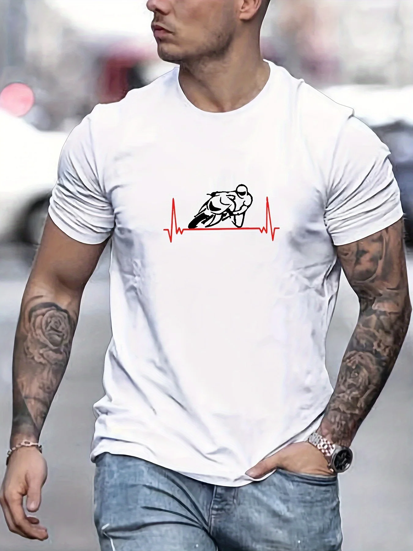 

Men's Motorcycle Rider & Heartbeat Graphic T-Shirt - 50% Cotton Crew Neck Casual Tee, Regular Fit Short Sleeve Top for All