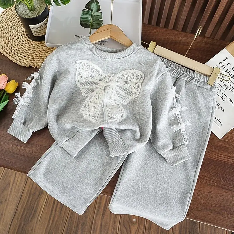 

Spring Autumn Girls Outfit Set Fashionable New Children's Clothing with Bowtie Sweatshirt And Pants Two-Piece Set