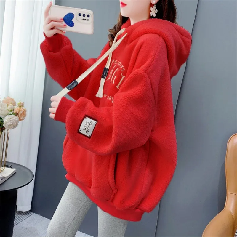 Autumn Winter Fleece Sweatshirt Women Hoodie Warm Long Sleeve Pullover Loose Streetwear Embroidery Korean Fashion New