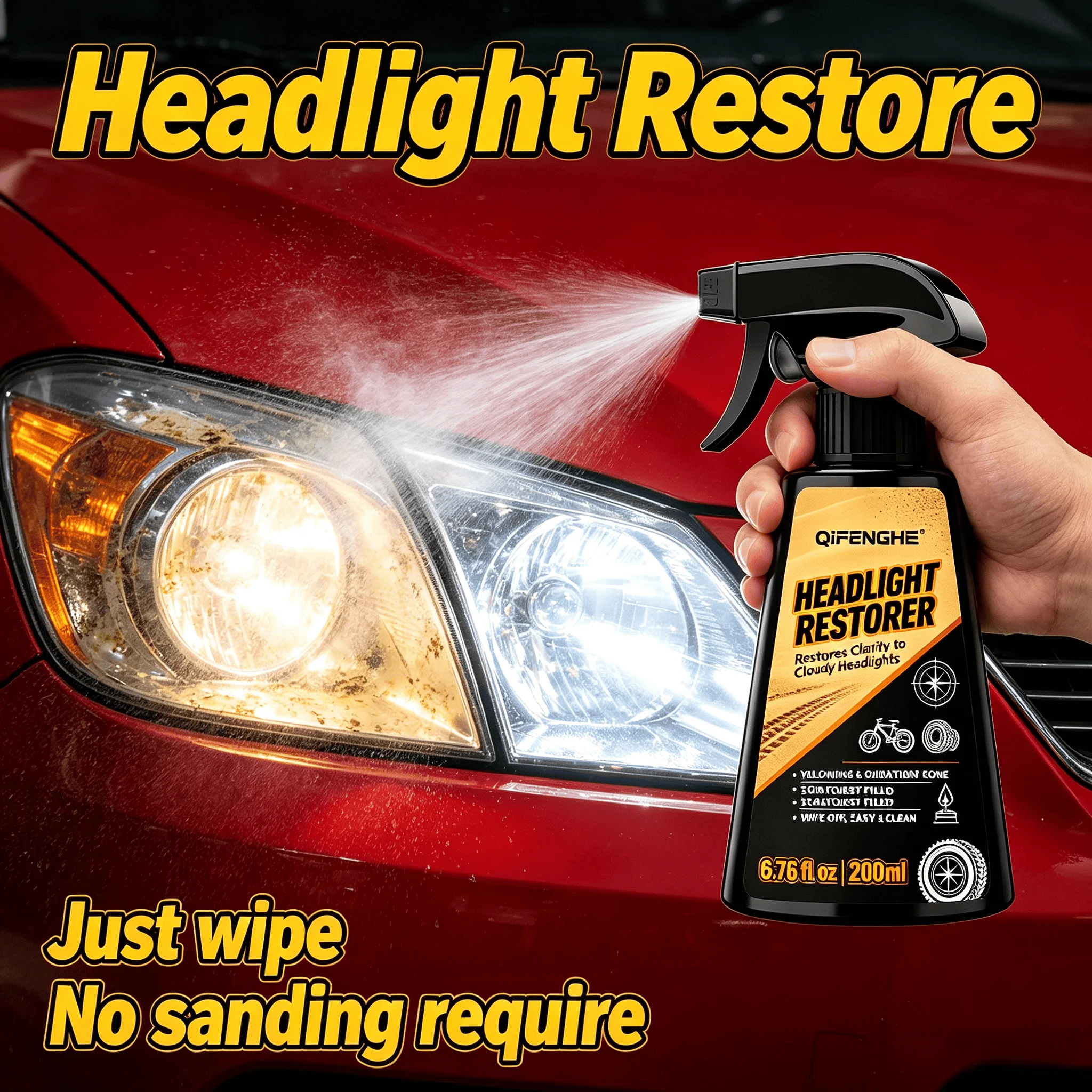 QiFENGHE Professional Grade Headlight Lens Restorer for Cars, Trucks, SUVs & Motorcycles - One Bottle Cleans Oxidation, Restores