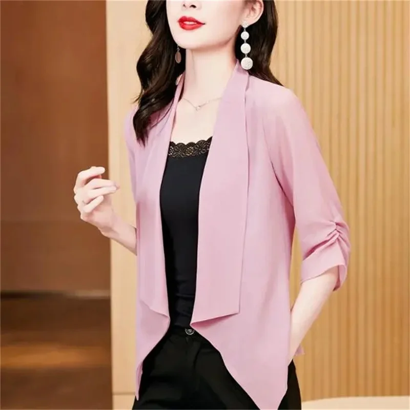 2024 Spring/Summer New Irregular 3/4 Sleeves Thin Sun Protection Clothing Women\'s Fashion Chiffon Air Conditioning Shirt Shawl