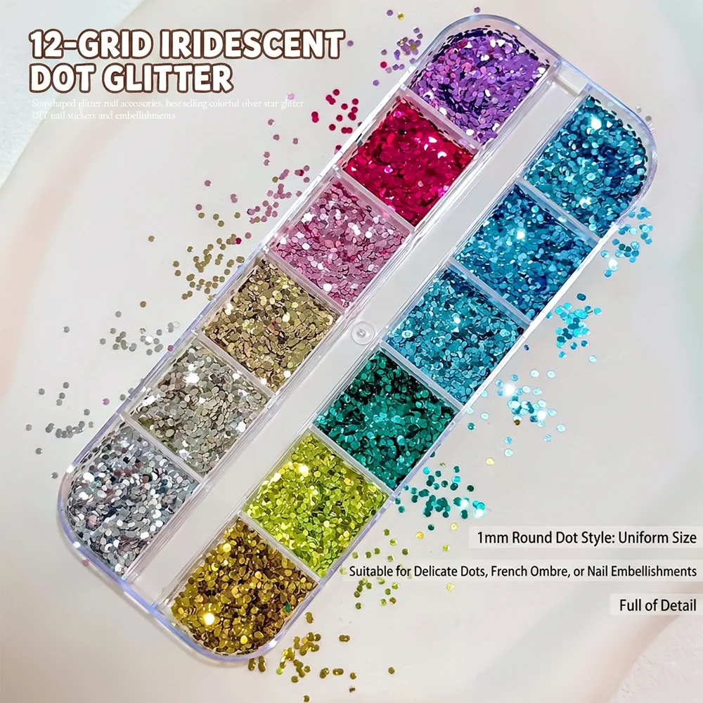 12-Grid 1mm Round Dot Nail Glitter Sequins Iridescent Holographic Shiny Nail Art Flakes Multi-Color Nail Decor for Acrylic Nails