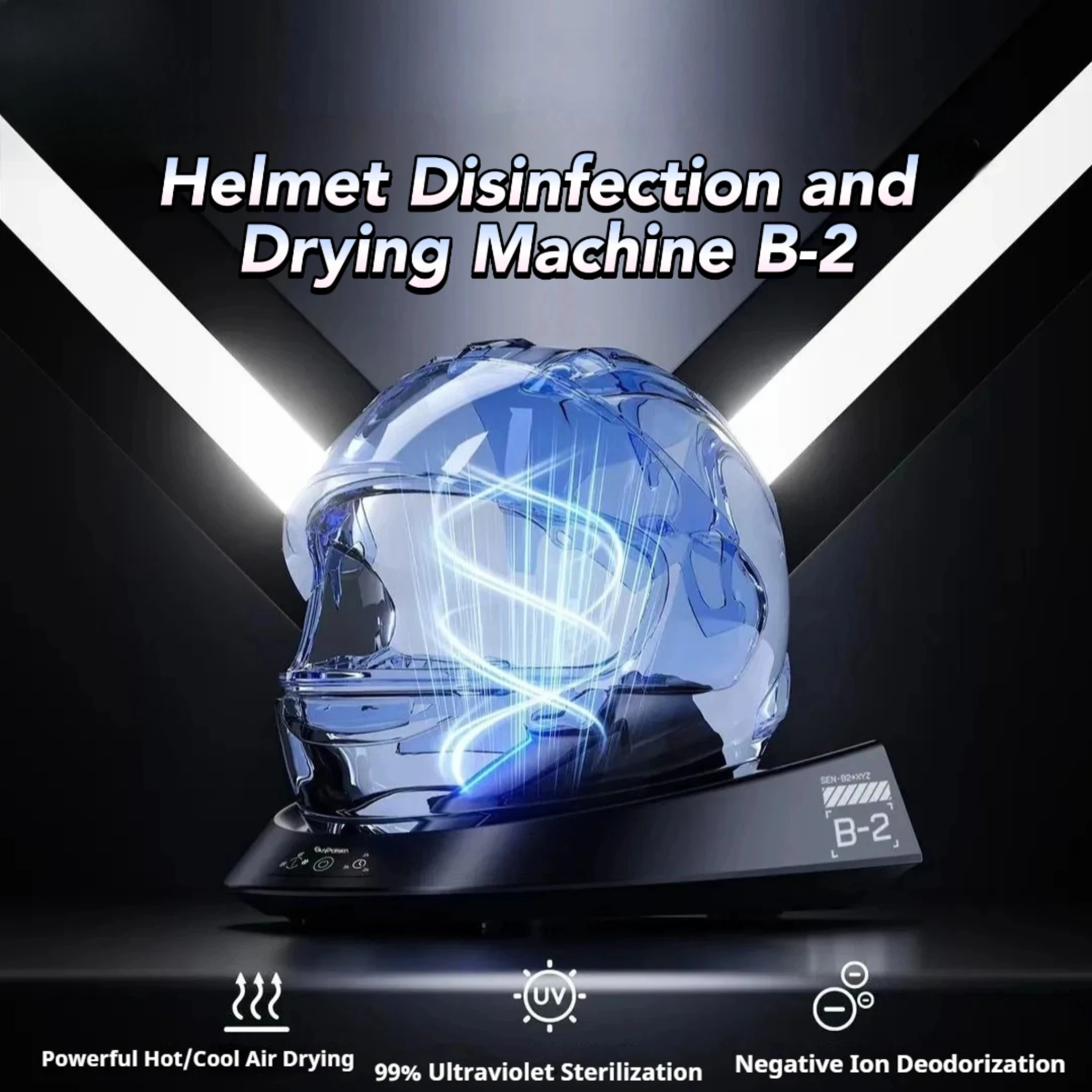 

smart motorcycle helmet dryer features sterilization, dust removal functions, temperature control, and ambient lighting.