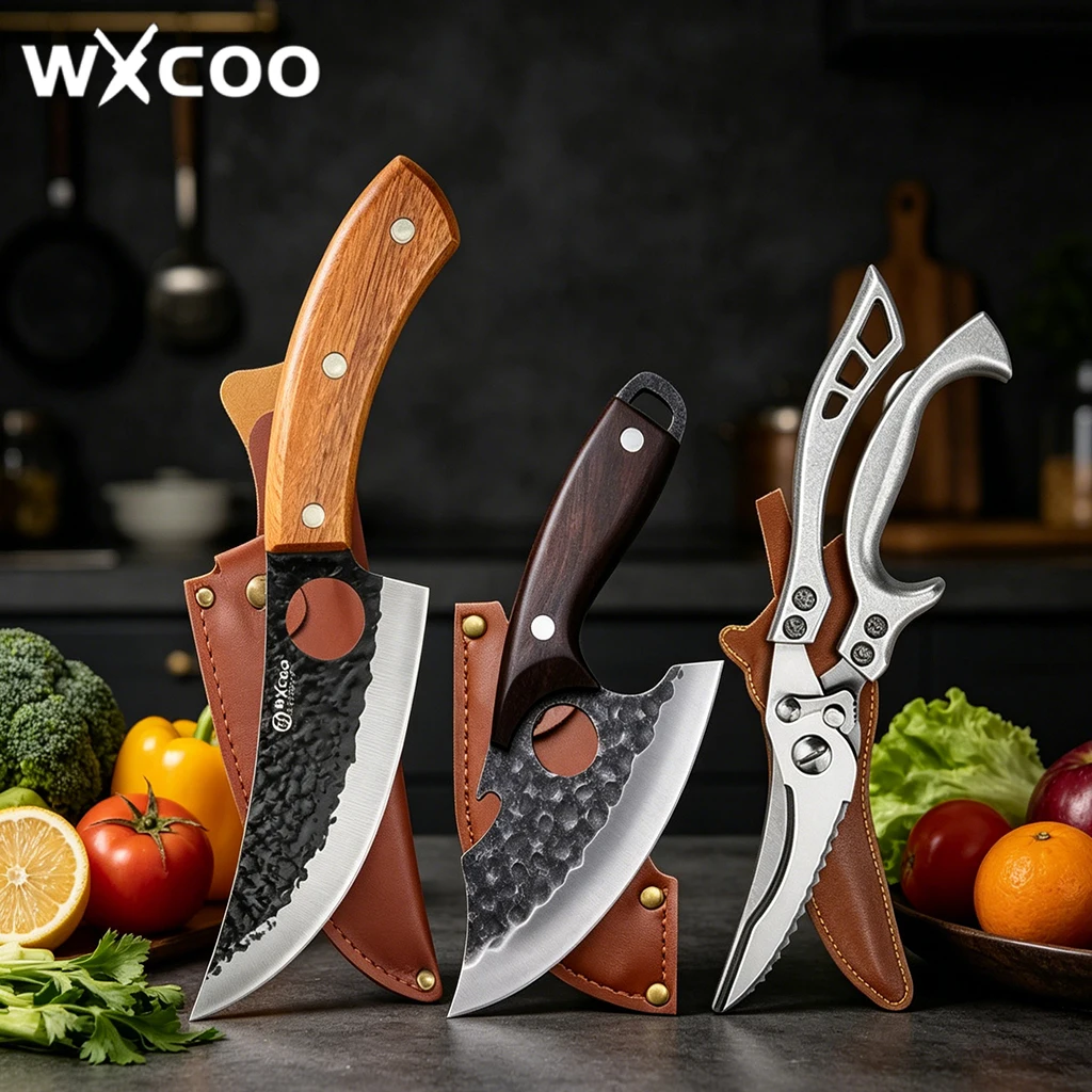 WXCOO 1PCS Kitchen Knife Scissor Handmade Forged Butcher Knife for BBQ Cooking Household Meat Chopping Boning Knife with Cover