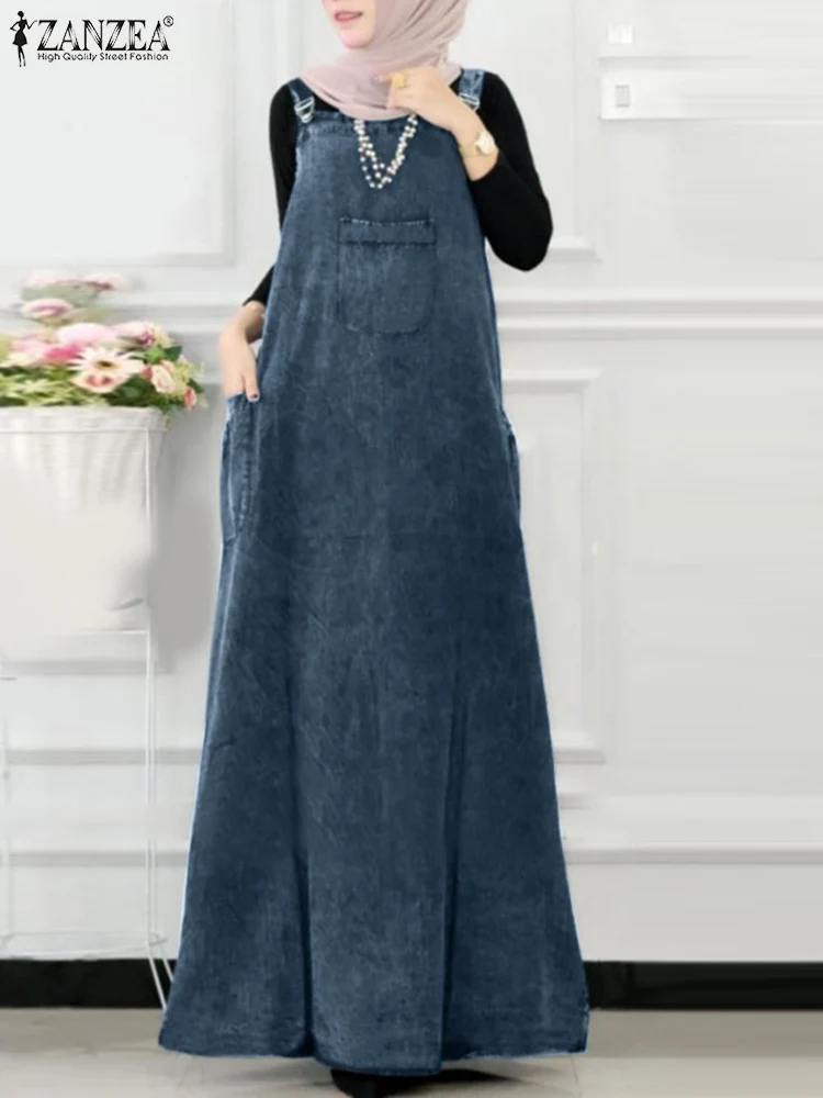 ZANZEA Mouwloze Bandjes Jarretel Vestidos Denim Vrouwen Casual Eid Mubarak Ramadan Abaya Gewaden Moslim Islamitische Hijab Maxi Jurk