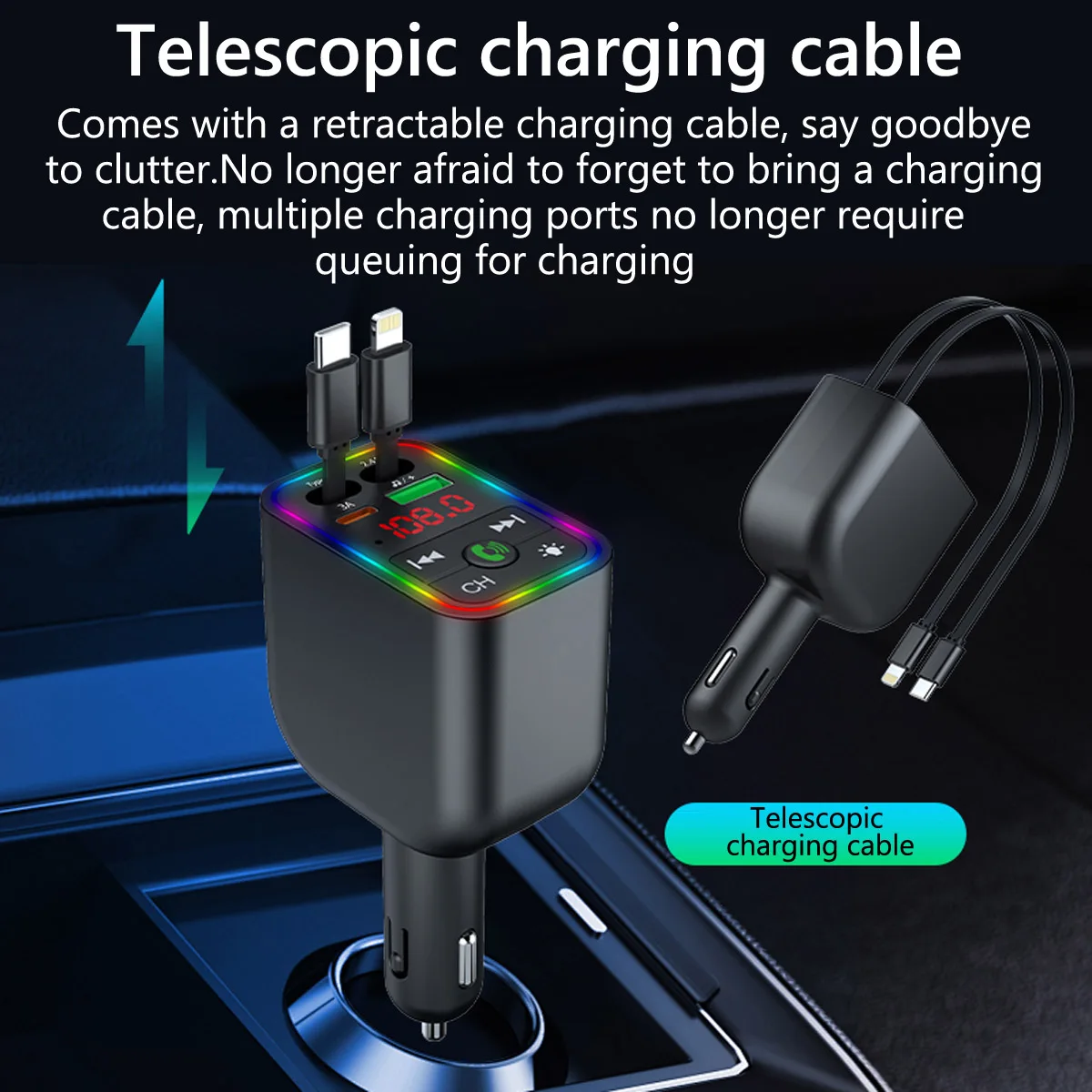 Car Charger FM Transmitter Type C Super Fast Charging Retractable Cable USB Car Phone Charger Wireless Handsfree Calling Car Kit