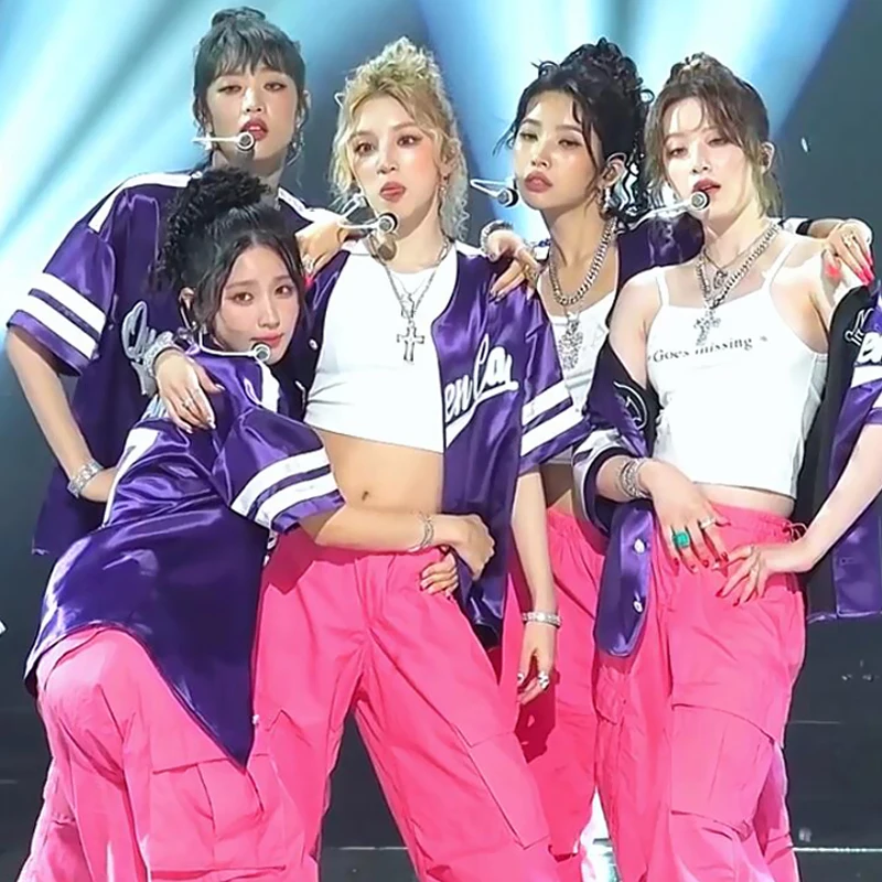 Female Singer Group Kpop Stage Outfit Women Jazz Dance Costumes Purple Shirt Hiphop Pants Adults Stage Performance Wear DWY9543