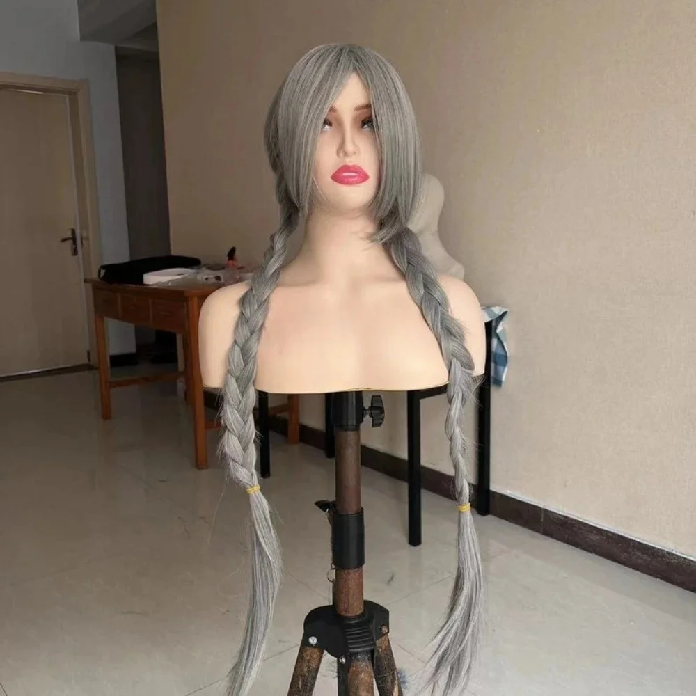 Synthetische Kostümperücken Graue lange geflochtene Perücke mit Pony Judy Hoops Cosplay-Perücke