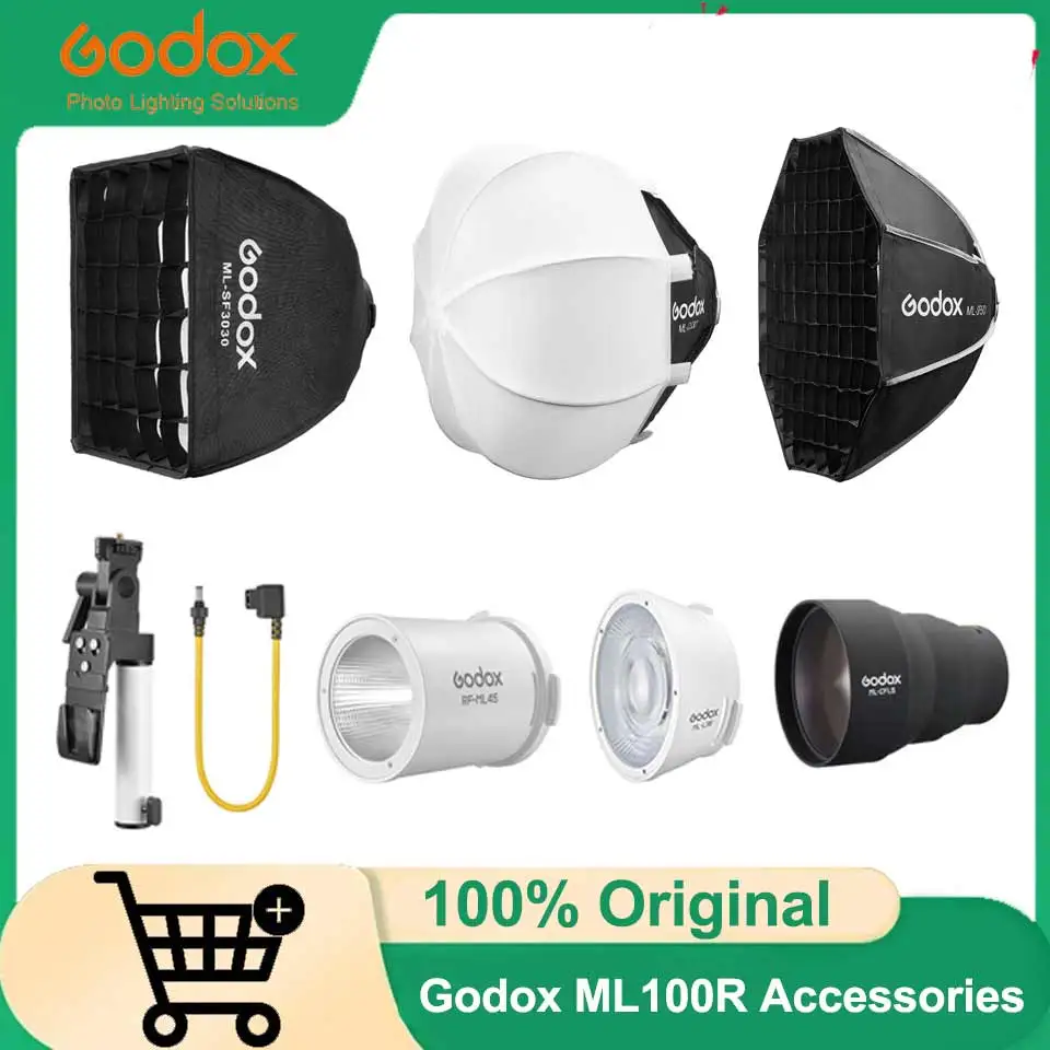 Acessórios Godox ML100R: Refletor de Lente RF-ML45, ML-L36, Fresnel de Silicone ML-CFL5, Softbox ML-CS30, ML-SF3030, ML-SF50