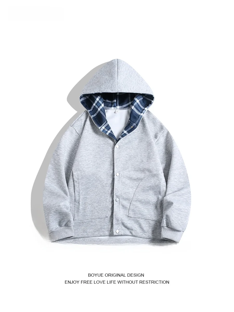 

Boyue Casual Style Hoodie Loose Fit Unisex Plaid Splicing Color Block Open Cardigan Jacket Trendy Daily Wear Long Sleeve