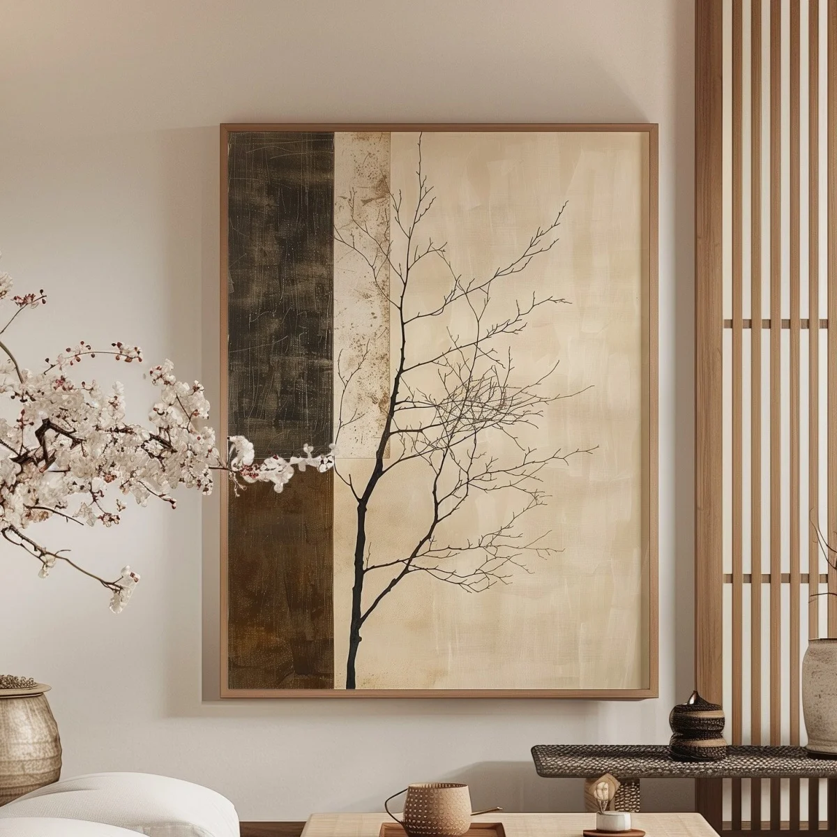 Japanischer Wabi-Sabi Baum Abstrakter Leinwanddruck Poster Japandi Vintage Minimalistische Neutrale Kunstdrucke Wandkunst Wohndekor Poster