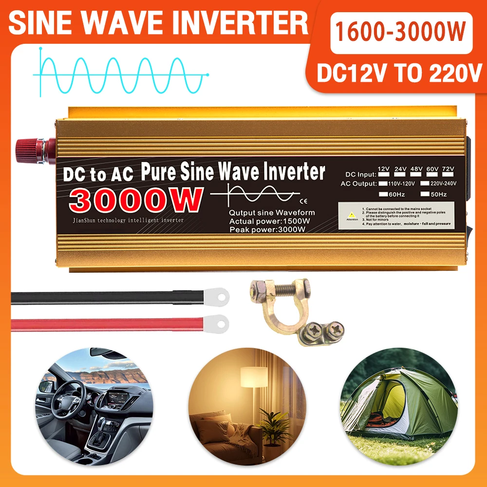 Multi-function 12v 220v Inverter ure Sine Wave 1600W-3000W Transformer Convert Socket Car Converter