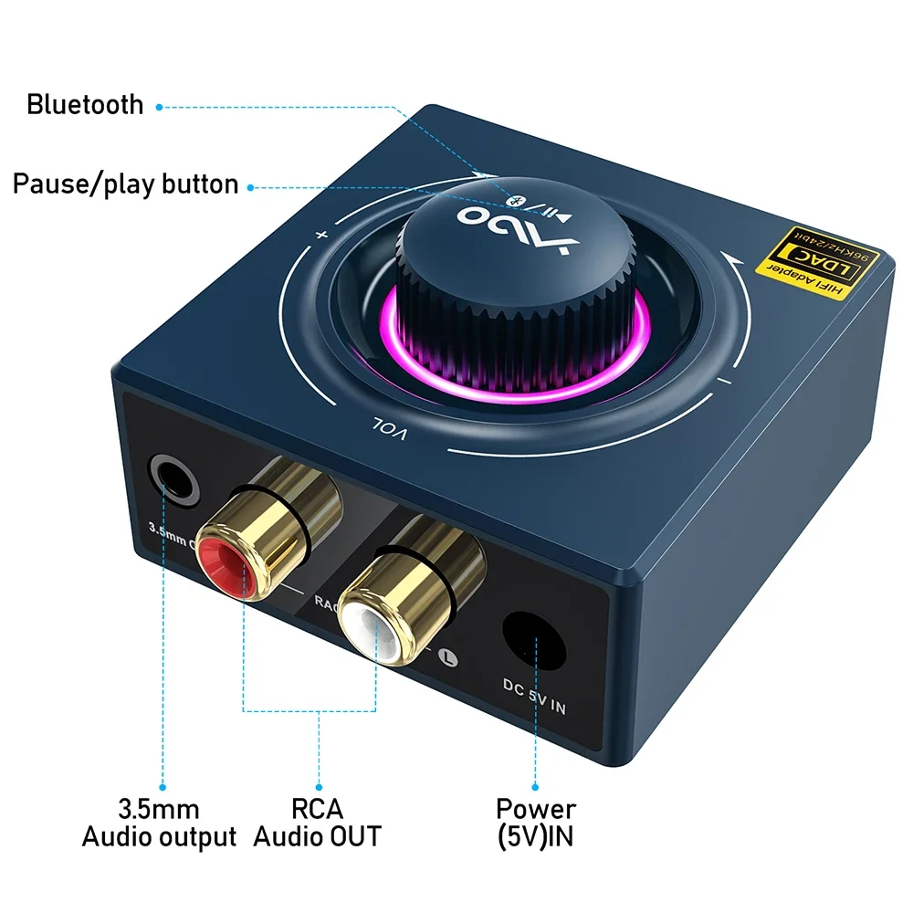YMOO B06T3 + LDAC Bluetooth5.2 جهاز استقبال الصوت اللاسلكي 30 مللي ثانية RCA 3.5 ملم لمكبرات الصوت/مكبر الصوت من الهاتف/الكمبيوتر المحمول/الكمبيوتر اللوحي الكمون المنخفض