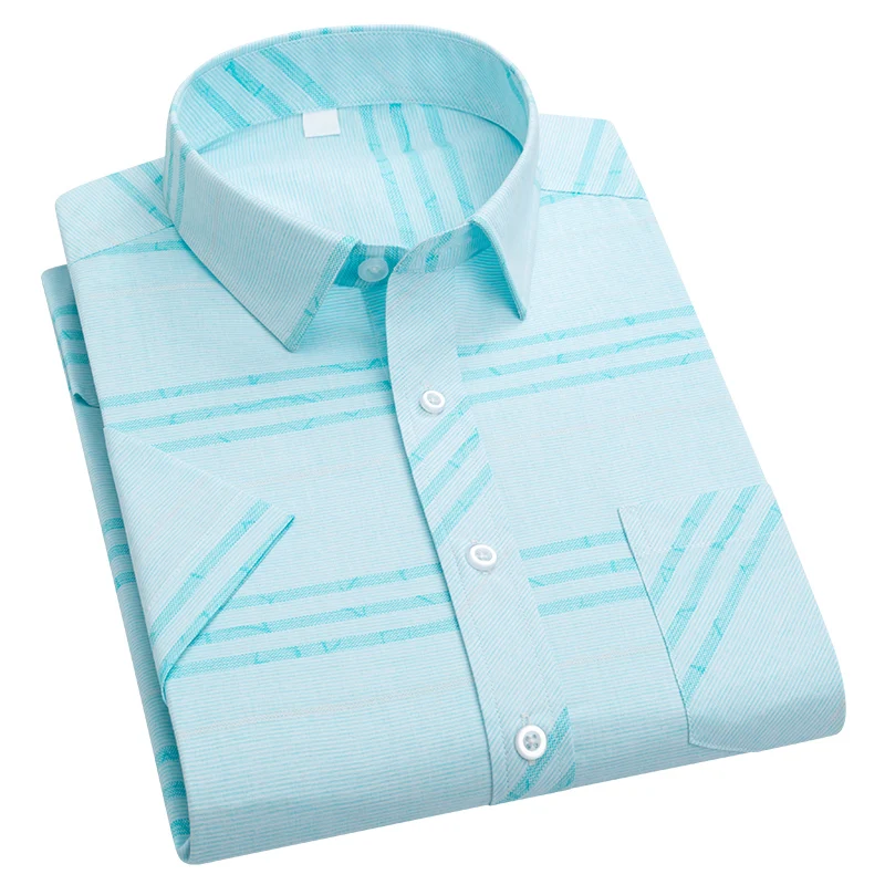 Print Summer New Men's Short-Sleeved White Social Dress Shirts Classic  Plaid Stripes Cotton Slim Business Casual Male T-Shirt