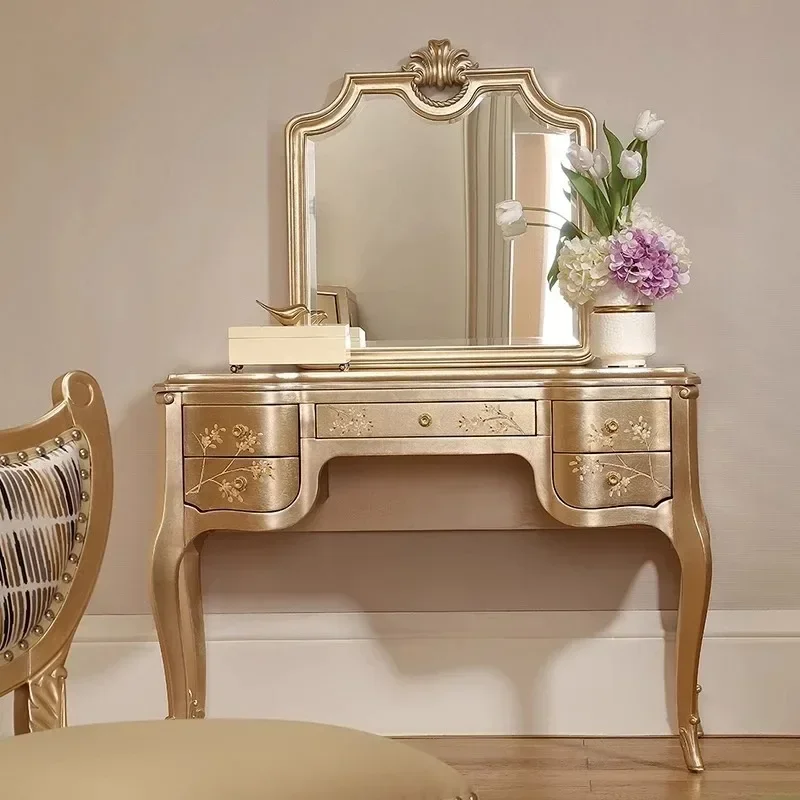 Luxury Solid Wood Dressing Table Villa Light Carved Flower Hand Painted Dresser Court