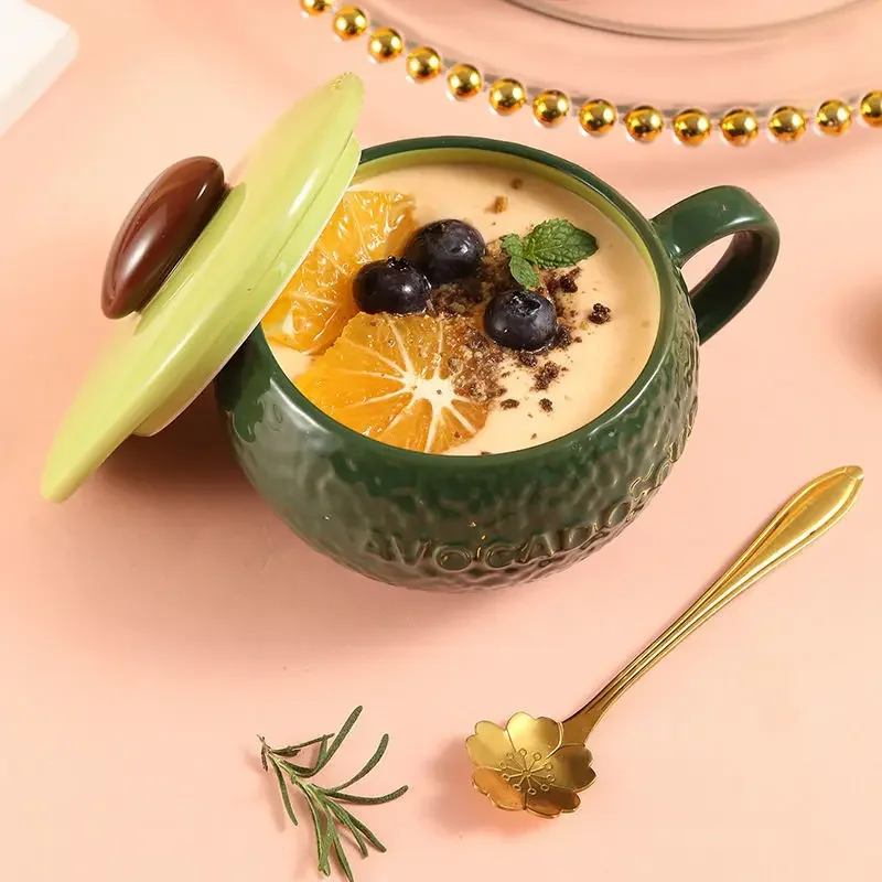 Avocado Coffee Cup Lovely Fruit Hand Painted Underglaze Ceramic Tableware Breakfast Cup with Lid Spoon Office Couple Home