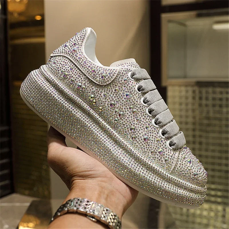 High quality New Fashion Women Shoes Luxury Sports Shoes Women Designers Leather Shoes Silver Rhinestone Crystal Sneakers Tide