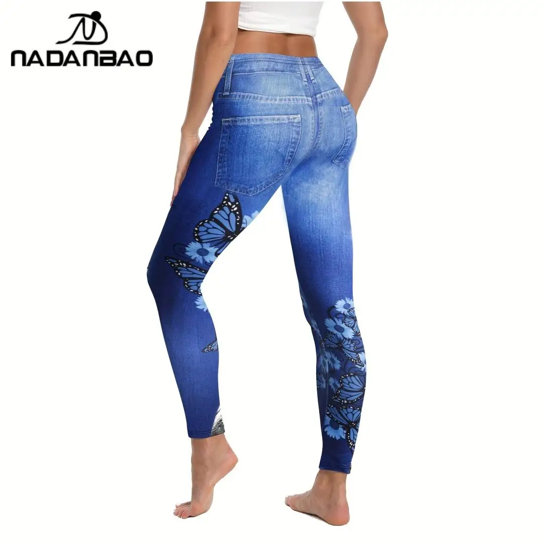 Nadanbao Women's Butterfly 3D Printed High Waisted Leggings Casual Tight Elastic Leggings Casual High Waisted Elastic Leggings