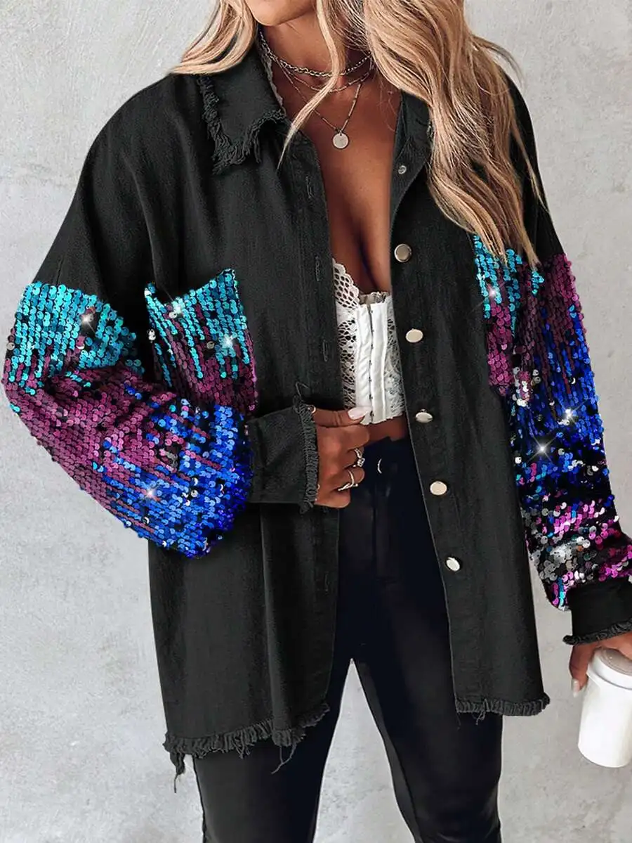 

Sequin Sleeve Patchwork Denim Shacket - Long Sleeve Button Front Raw Hem