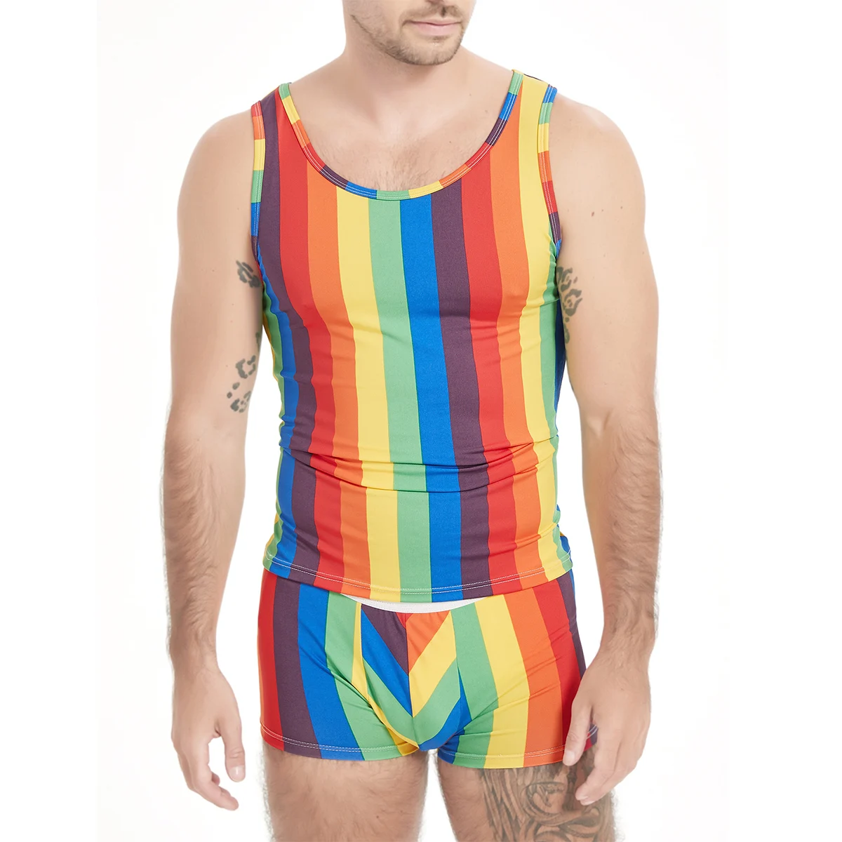 2-piece men\'s rainbow striped pajamas suit sleeveless sports and fitness vest in summer and tight sexy shorts suit at home.