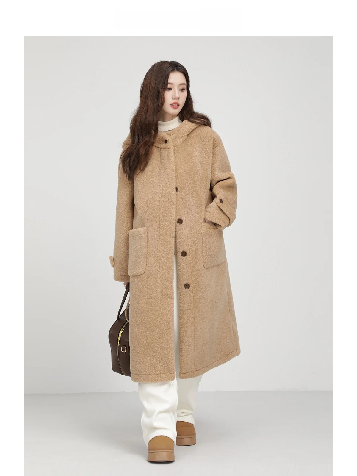 

Xinmon Retro Hooded Lamb Fur Jaet Thiened Winter Women's High-End Loose Mid-Length Coat Double-Way Zipper Long Sve