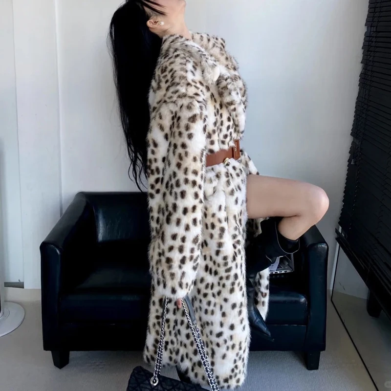 Manteau Long en fausse fourrure de renard léopard avec ceinture pour femme, pardessus élégant pour dames, mode de rue, manteau en fourrure de renard moelleuse