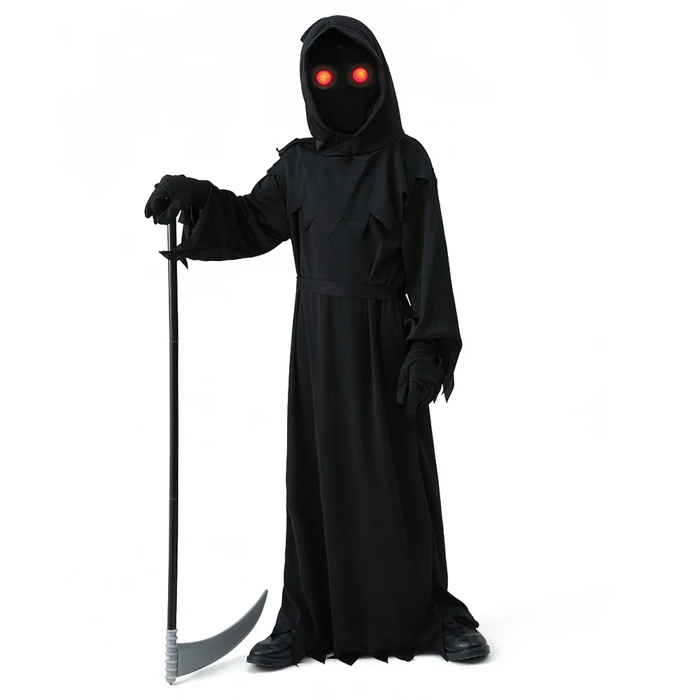 Disfraz de Halloween para niños, disfraz de esqueleto aterrador Grim Reaper, ojos rojos brillantes, bata de fantasma Grim Reaper, enviar accesorios de guadaña