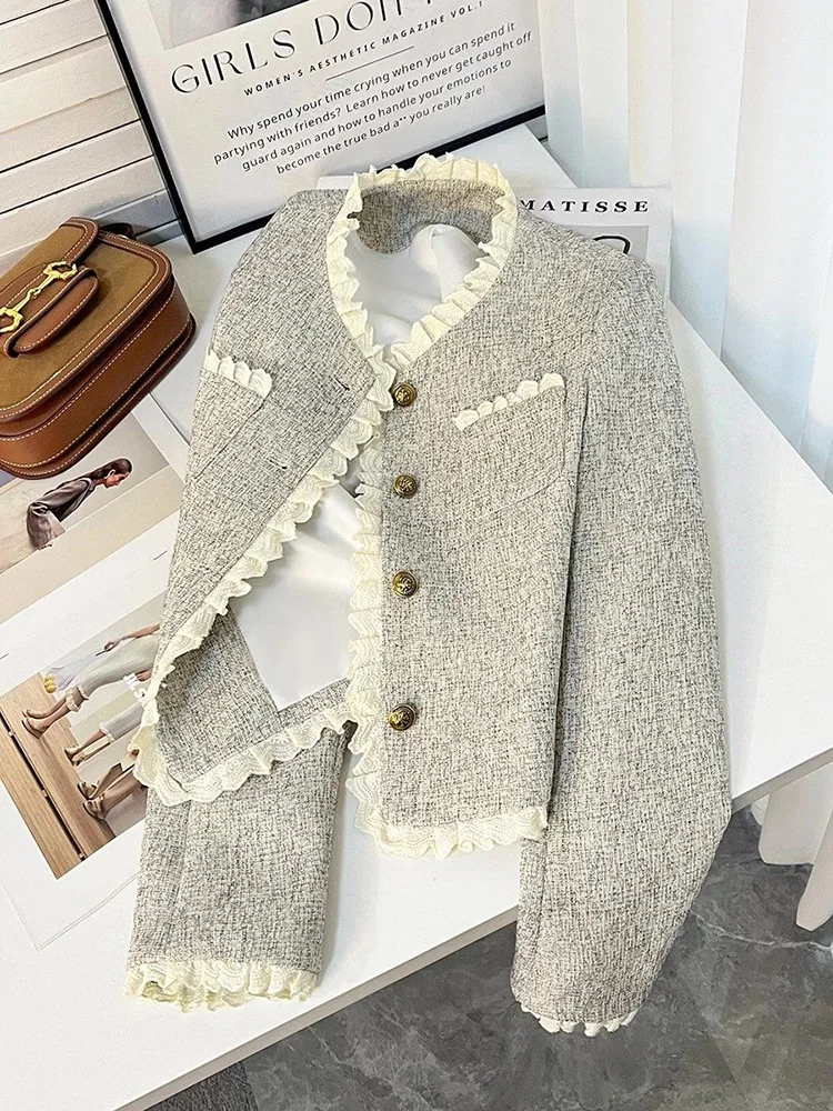 Autumn Vintage Casual Coats Women Long Sleeve Lace Ruffles Patchwork Jacket Retro Button O Neck Office Lady Elegant Slin Fit Top