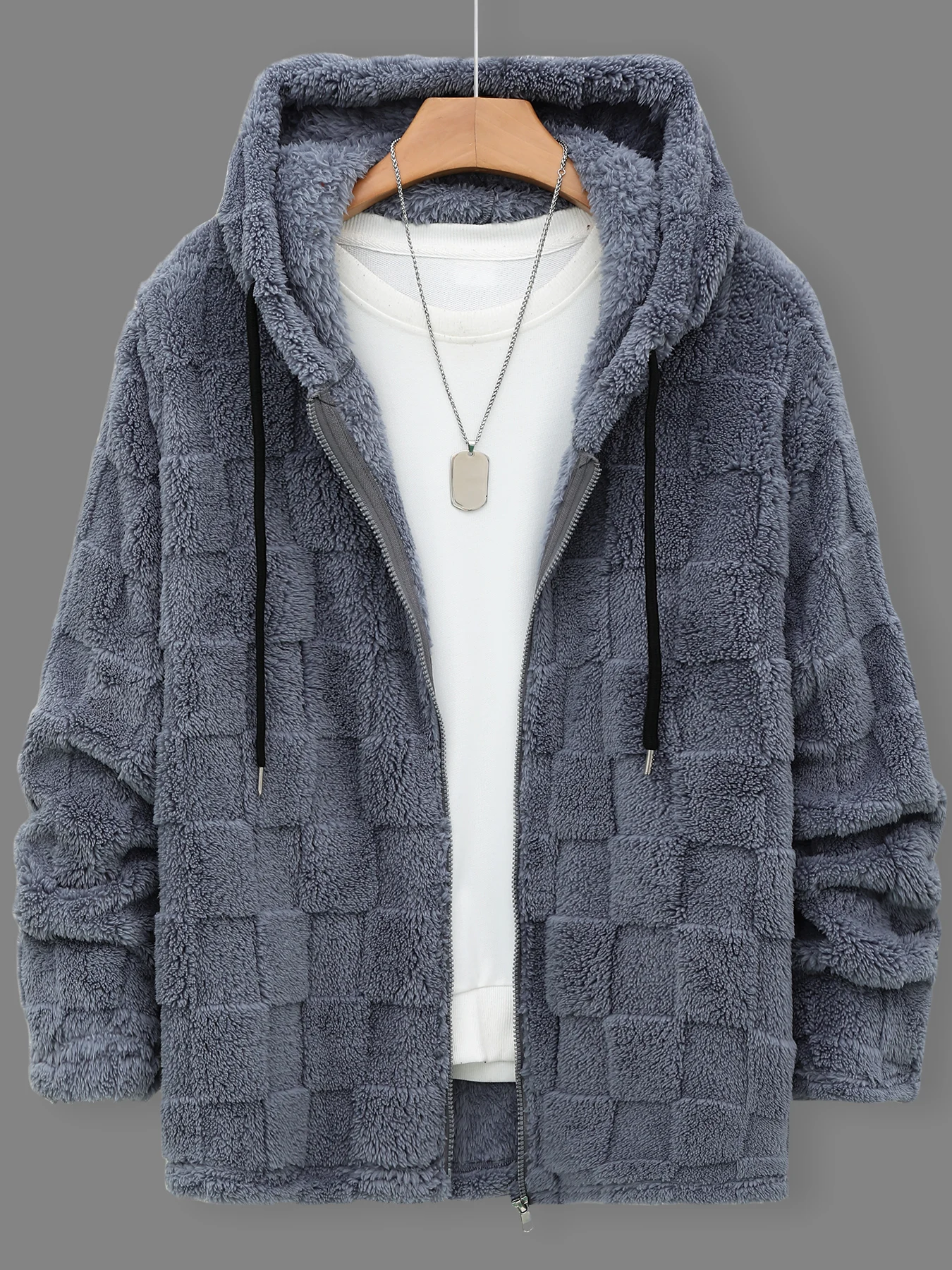 Men's Autumn and Winter Square Jacquard Lambswool Hooded Jacket, Gray Zip-Up Drawstring Plush Coat, Loose and Comfortable for Commuting, Home Wear, and Cold Protection
