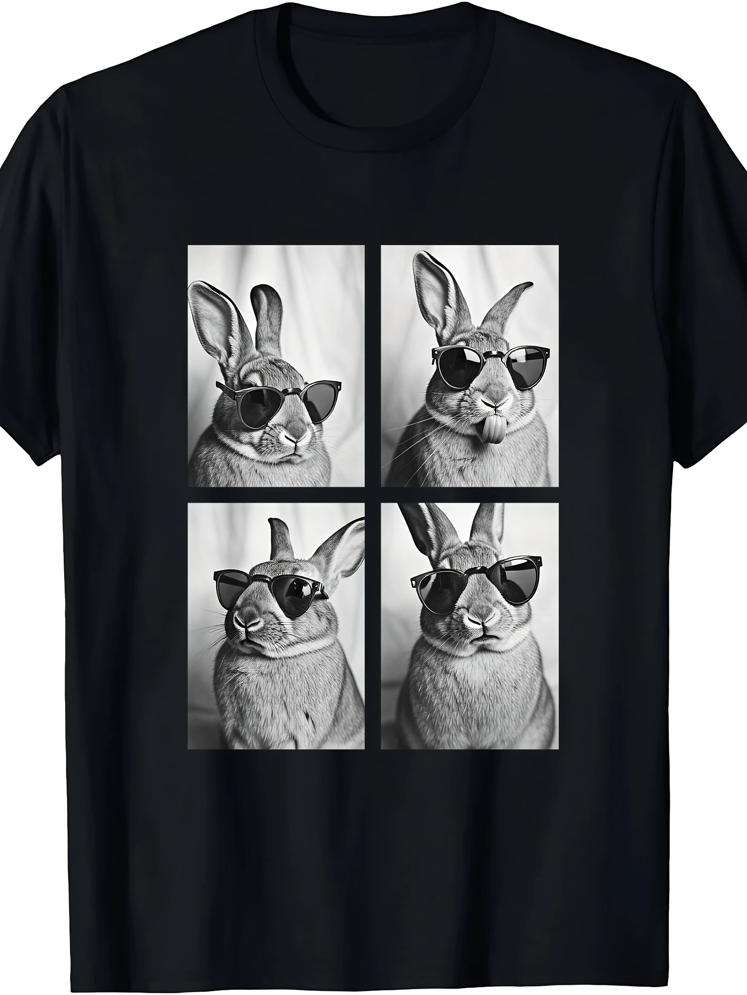 Fun Rabbit with Fashion Glasses T-shirt Black and White Rabbit Print Easter Clothing or Casual Wear