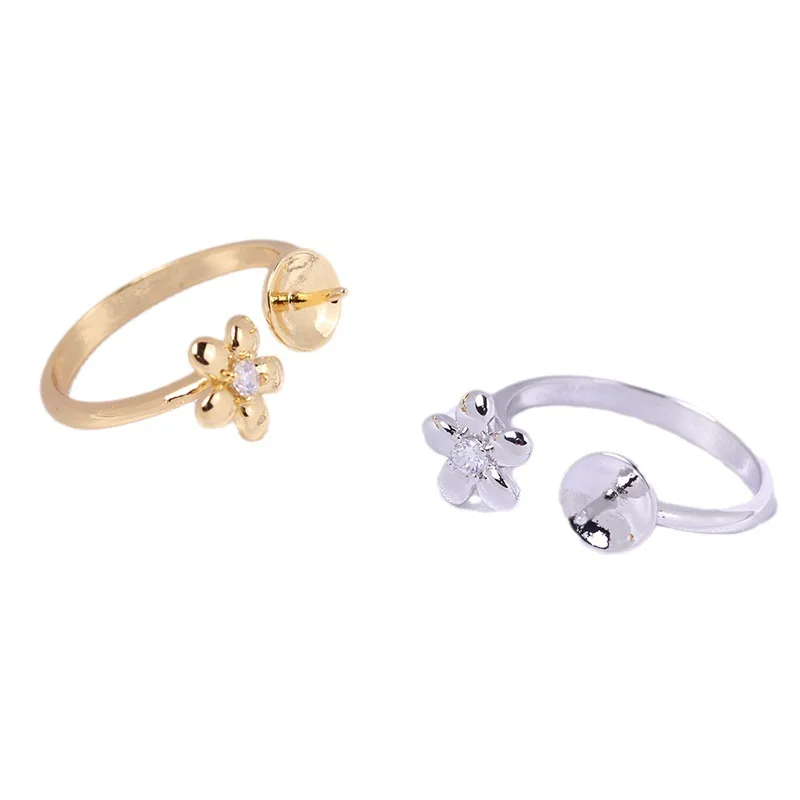 

JZ011 Медное позолоченное кольцо с цветком, регулируемое, с жемчугом, пустая оправа для самостоятельного изготовления ювелирных изделий