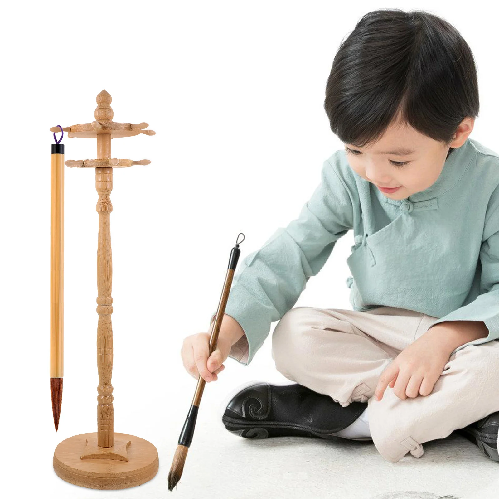 

1Pcs Bamboo Brush Pen Rack Round Desktop Holder for Ink Brushes Creative Storage Organizer Multi-Purpose Writing Tool Stand