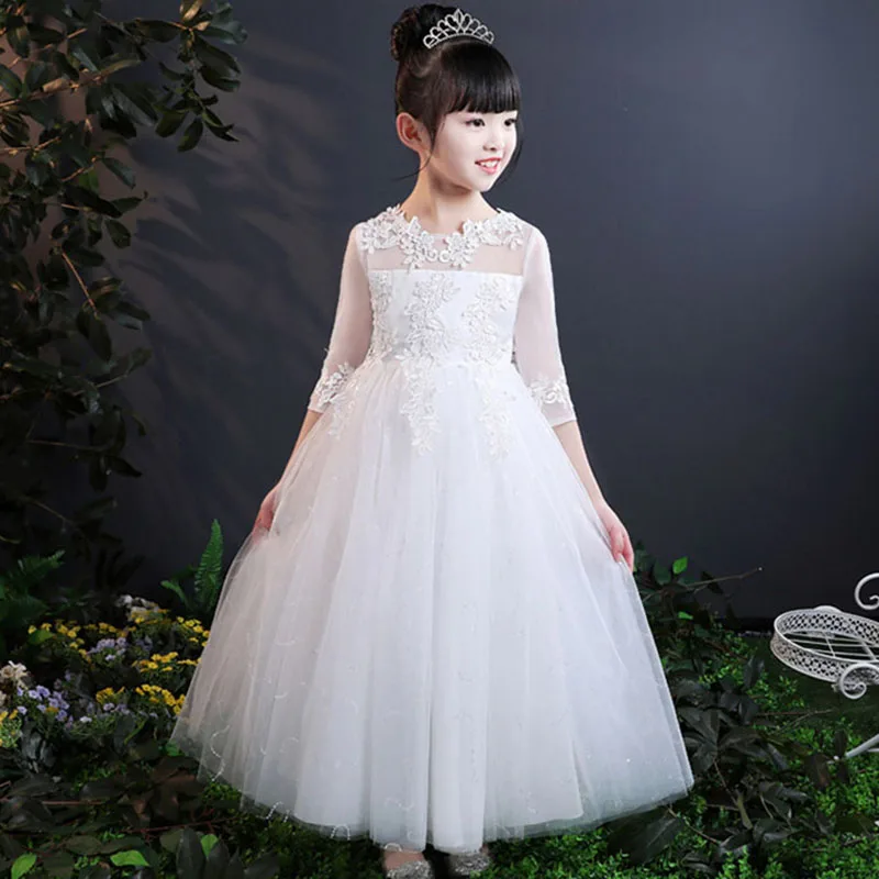 Baby Girls Lace Embroidery Dress Kids White Wedding High-end Dress Flower Vestidos Long Party Princess Dress Girls Clothes