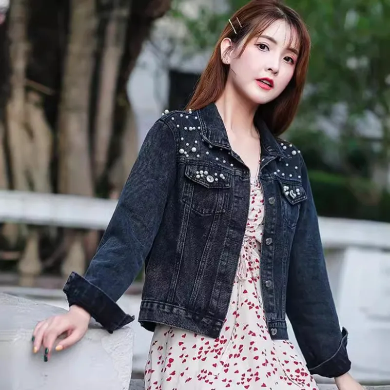 

New Women Short Denim Jacket Beaded Pearl Embroidery Loose Spring Autumn Casual Jacket Fashion Versatile Cropped Top