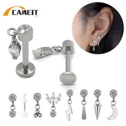 G23 Titanium EAR PIERC Pendant Chain Dangle Ear Studs With CZ Top Labret Lip Stud Cartilage Unisex Earring Body Piercing Jewelry