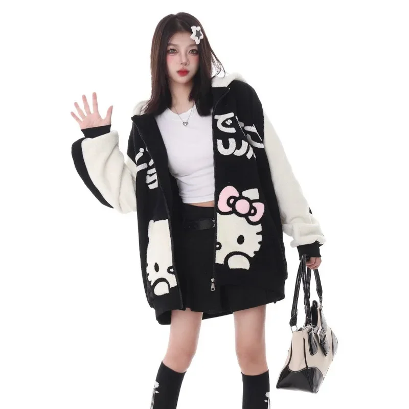 Sanrio Hello Kitty Plush Jacket Women Autumn Winter Korean Long Sleeve Hooded Coat Thick Warm Couple Streetwear Outerwear Gifts