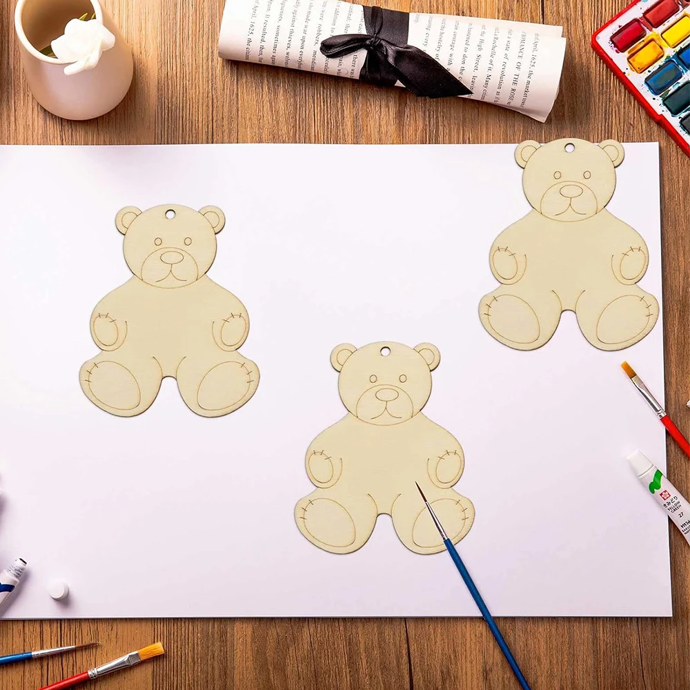 20 Pieces Unfinished Wooden Bear Cutouts Wood Bear Ornaments DIY Bear Craft Bear Wooden Gift Tags Hanging Ornaments