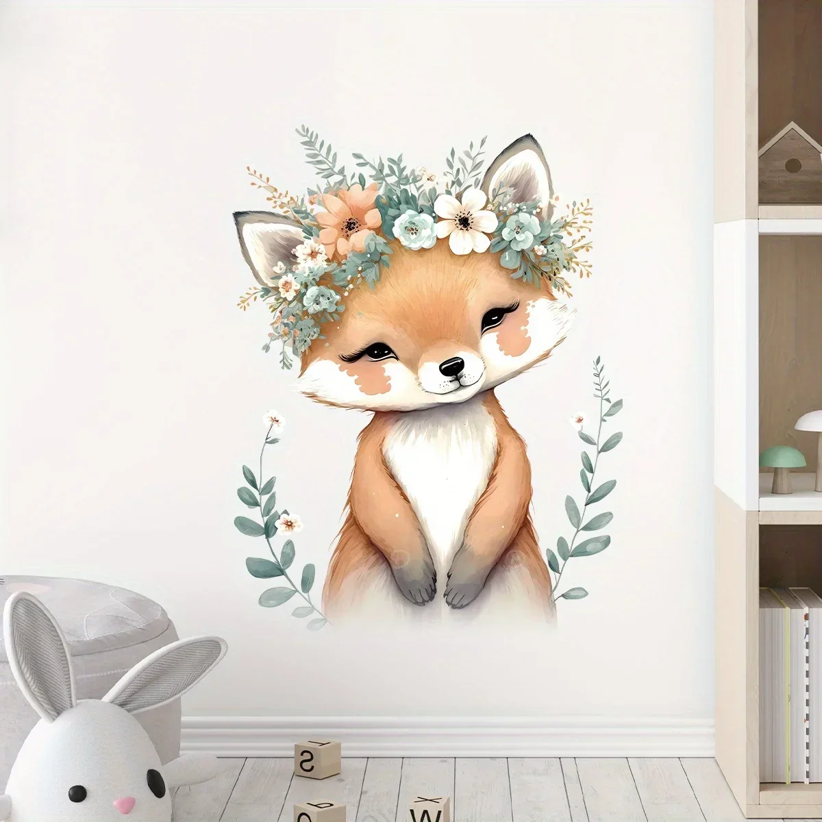 Cartoon Fox Wreath Animal Flower Wall Stickers for Kids Room Bedroom Baby Nursery Home Decor Living Room Decoration Wall Decals