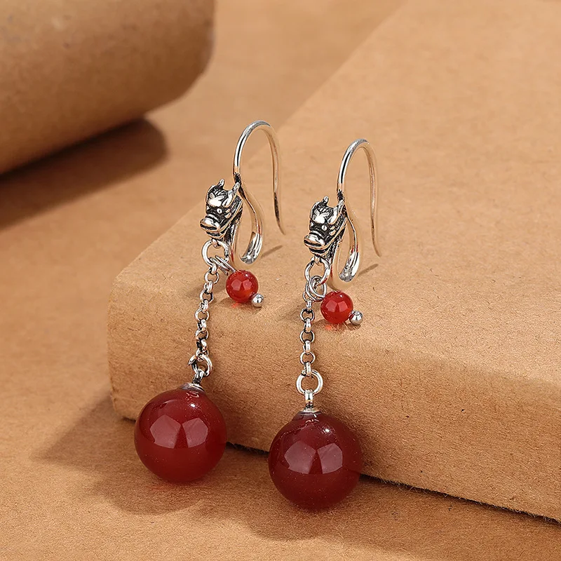 

Vintage round bead red carnelian tassel dragon earrings for women Chinese style fashion simple gentle earring banquet jewelry